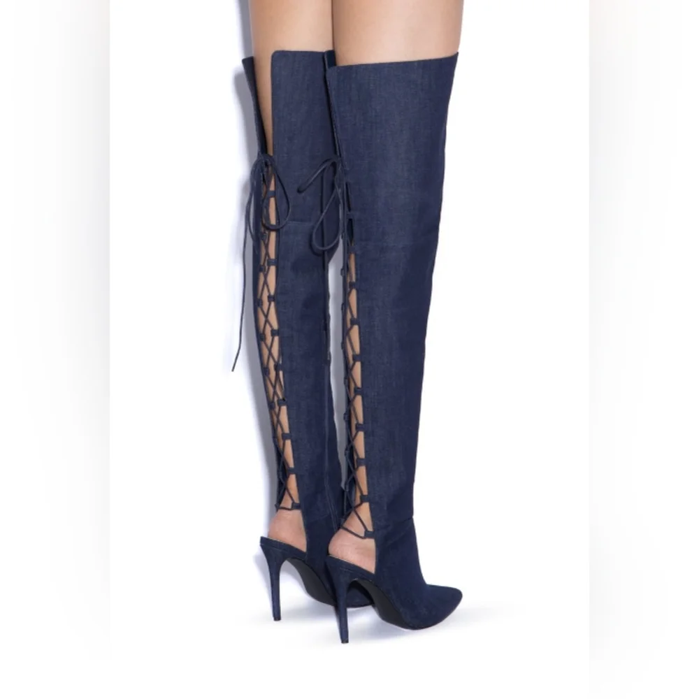 Thigh High Dark Denim lace up boots! - Picture 3 of 7